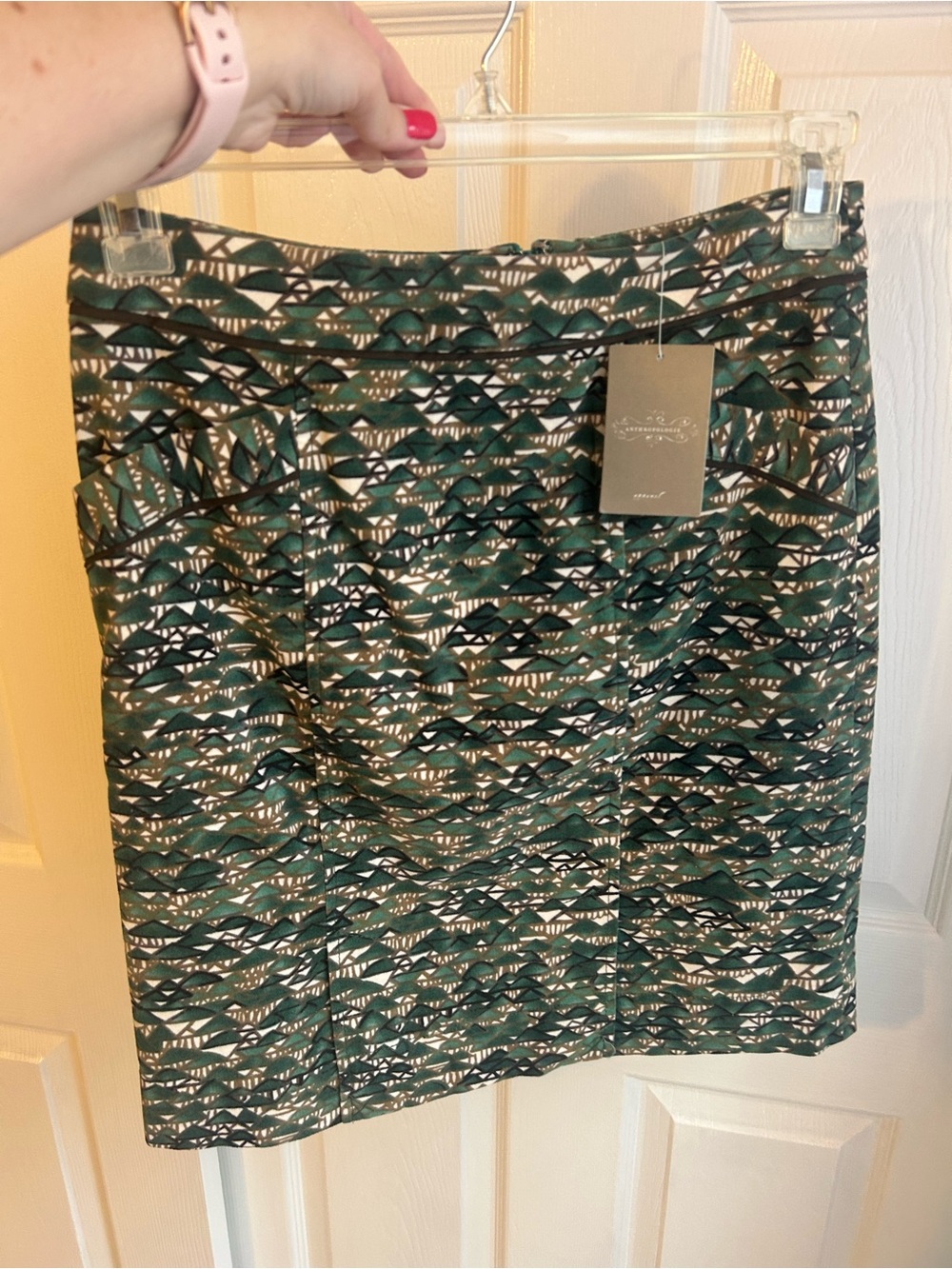 Anthropologie Green Patterned Velvet Pencil Skirt